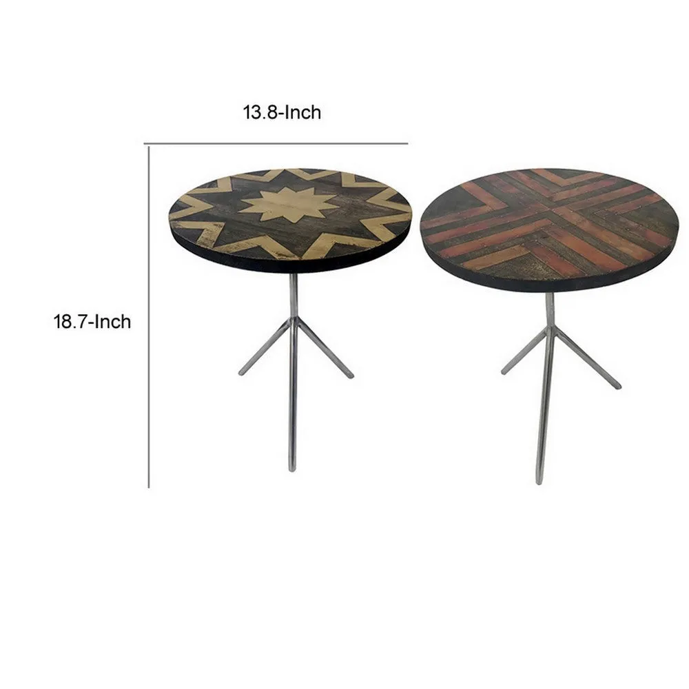 19 Inch Side Tables Set of 2, Inlay Designs, Metal Tripod Base, Brown Wood By Casagear Home