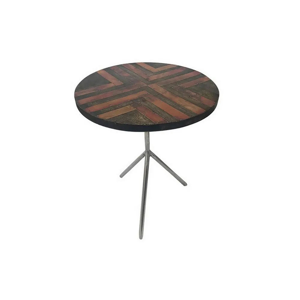 19 Inch Side Tables Set of 2, Inlay Designs, Metal Tripod Base, Brown Wood By Casagear Home