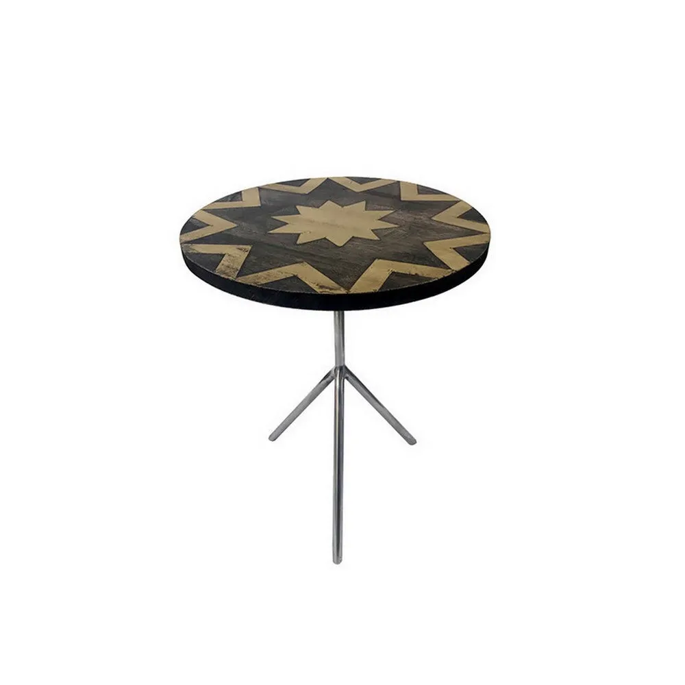 19 Inch Side Tables Set of 2, Inlay Designs, Metal Tripod Base, Brown Wood By Casagear Home