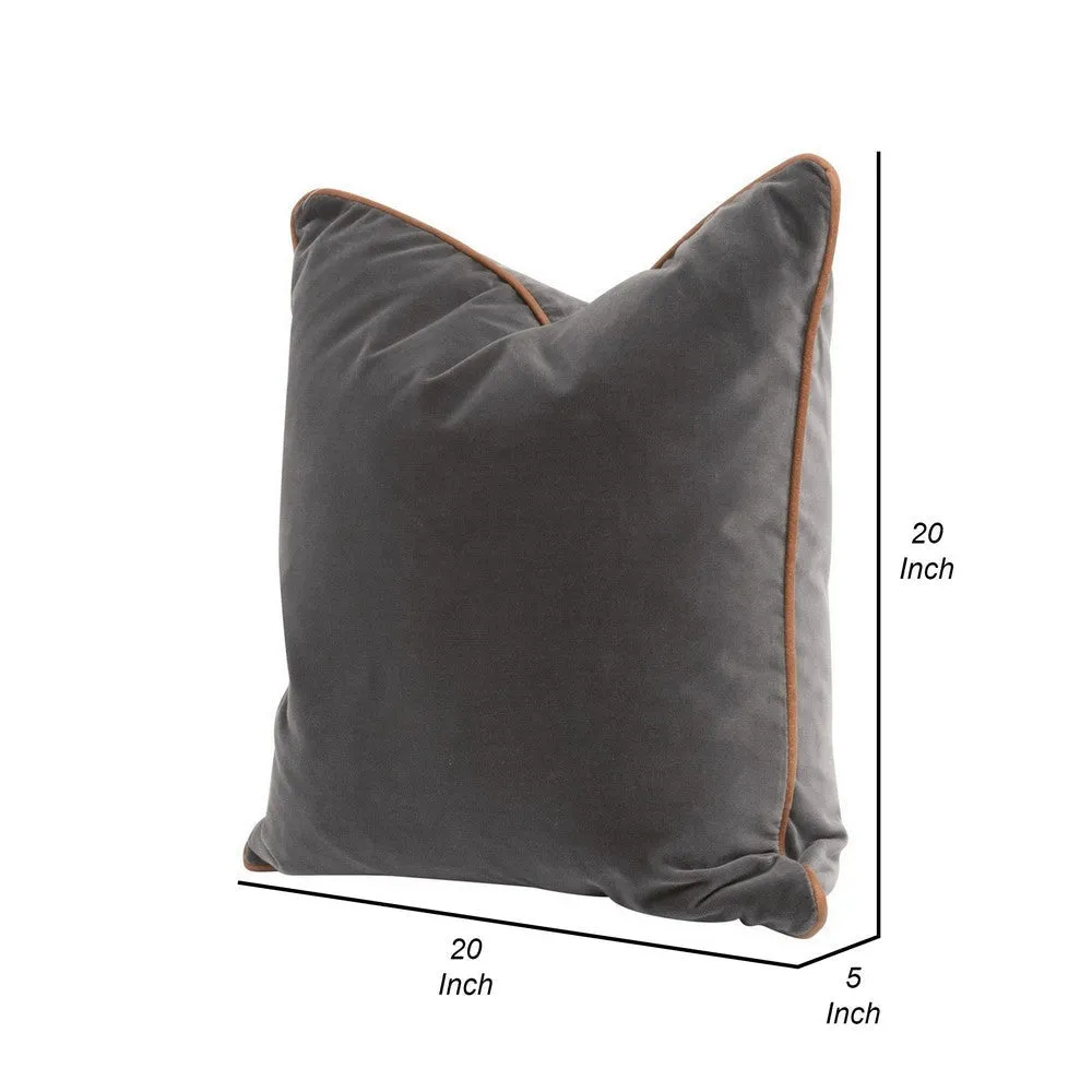 20 Inch Set of 2 Square Accent Throw Pillows, Brown Leather, Gray Velvet By Casagear Home