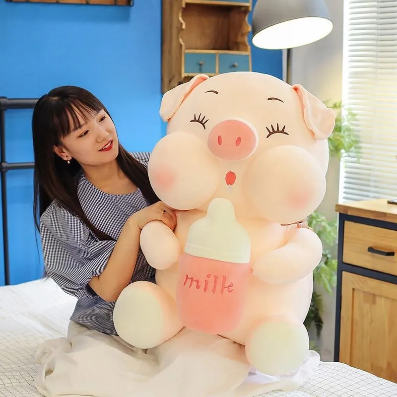 Cute Baby Bottle Sleeping Pig Plush Pillow Animals Stuffed Pillows Kids Adults Pets Bolster Sofa Chair Decor Friend Gift 35/45cm