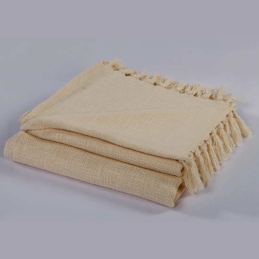 Handwoven Cotton Throw with tassels in Cream 50" x 70" (127 x 177 cm)