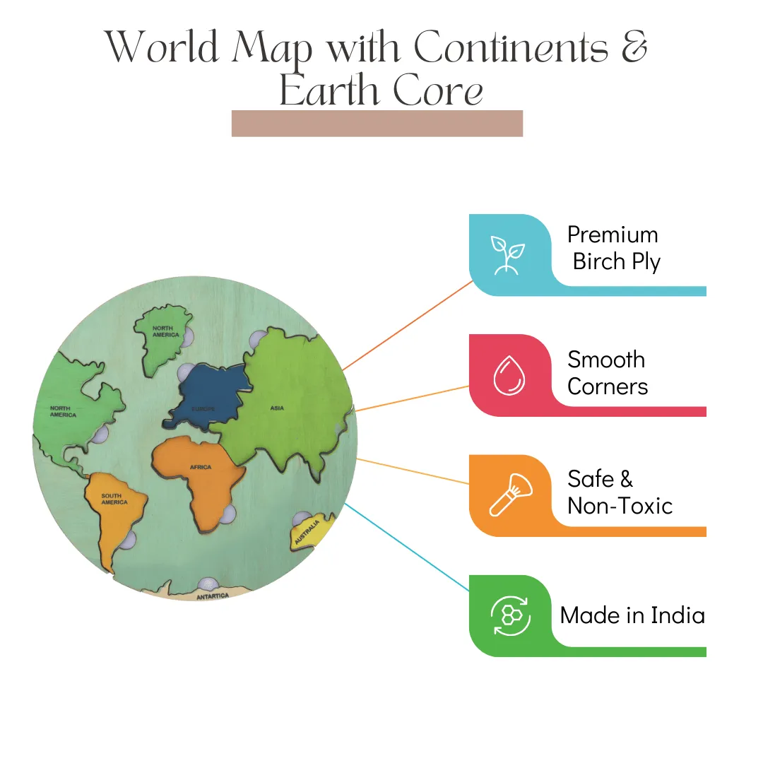 World Map with Continents & Earth Core | Geography Puzzles for Kids | Montessori Wooden Puzzle